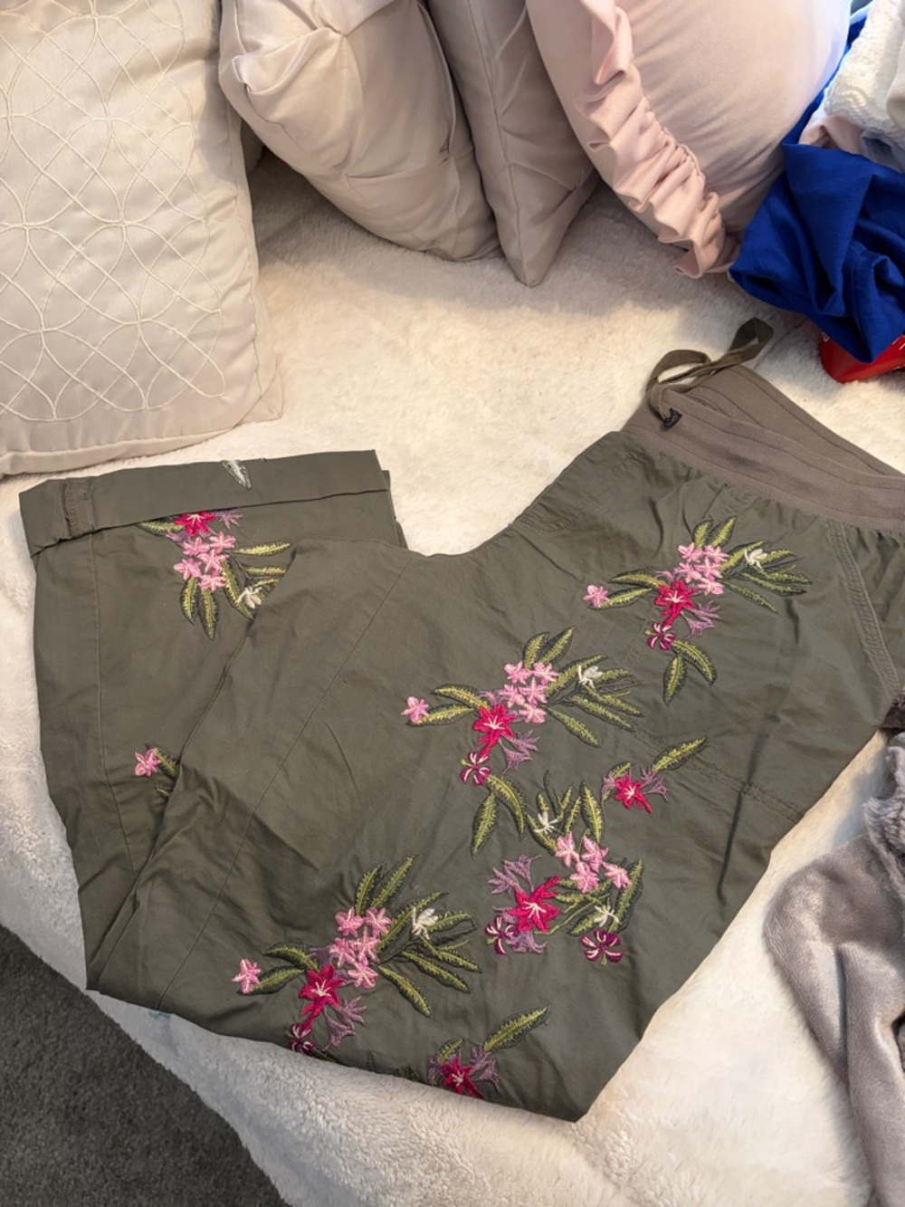 INC International Concepts Olive Green Capris with Pink Floral Embroidery